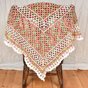 New hand crocheted shawl, beautiful pattern & colors, wool blend, 65" across